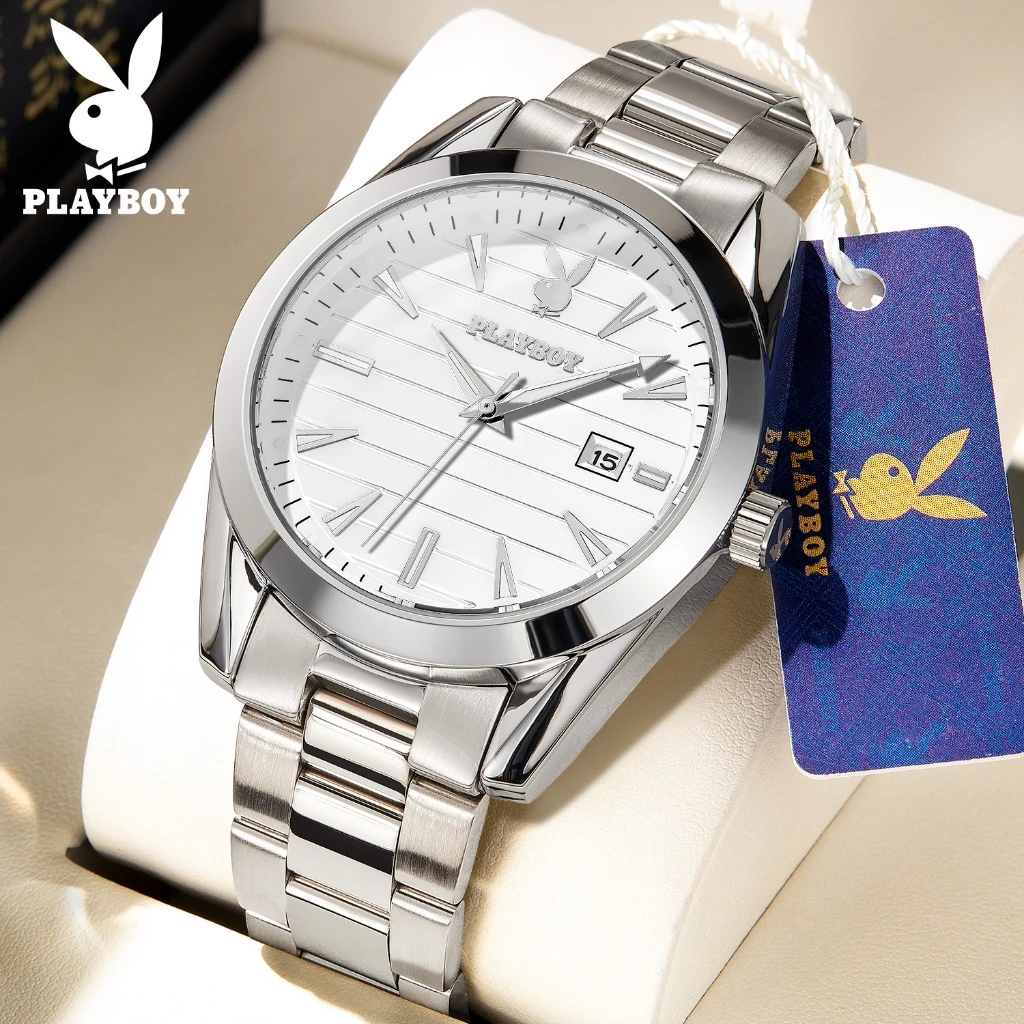 PlayBoy นาฬิกา ผู้ชาย แฟชั่น watch 100% แท้ นาฬิกาข้อมือกันน้ำได้ ควอตซ์ สายสเตนเลส เรียบง่าย หรูหรา สีดำ ธุรกิจ 3301