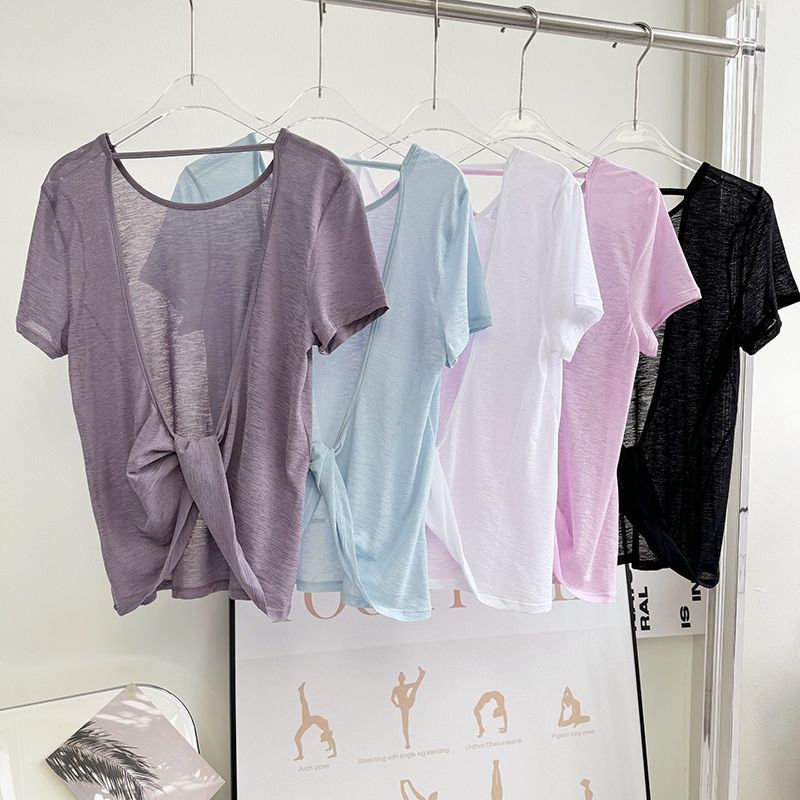 กีฬาเสื้อยืดผู้หญิงซีทรูความงามกลับแขนสั้นโยคะสวมใส่ด้านบนตาข่ายระบายอากาศตอนเช้าวิ่งสม็อคเคาะยิมสวมใส่