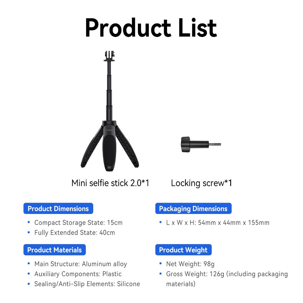 TELESIN Update Mini Selfie Stick ขาตั้งกล้องสําหรับ GoPro Hero 13 12 11 10 8 7 DJI Action 3 4 5 Pro