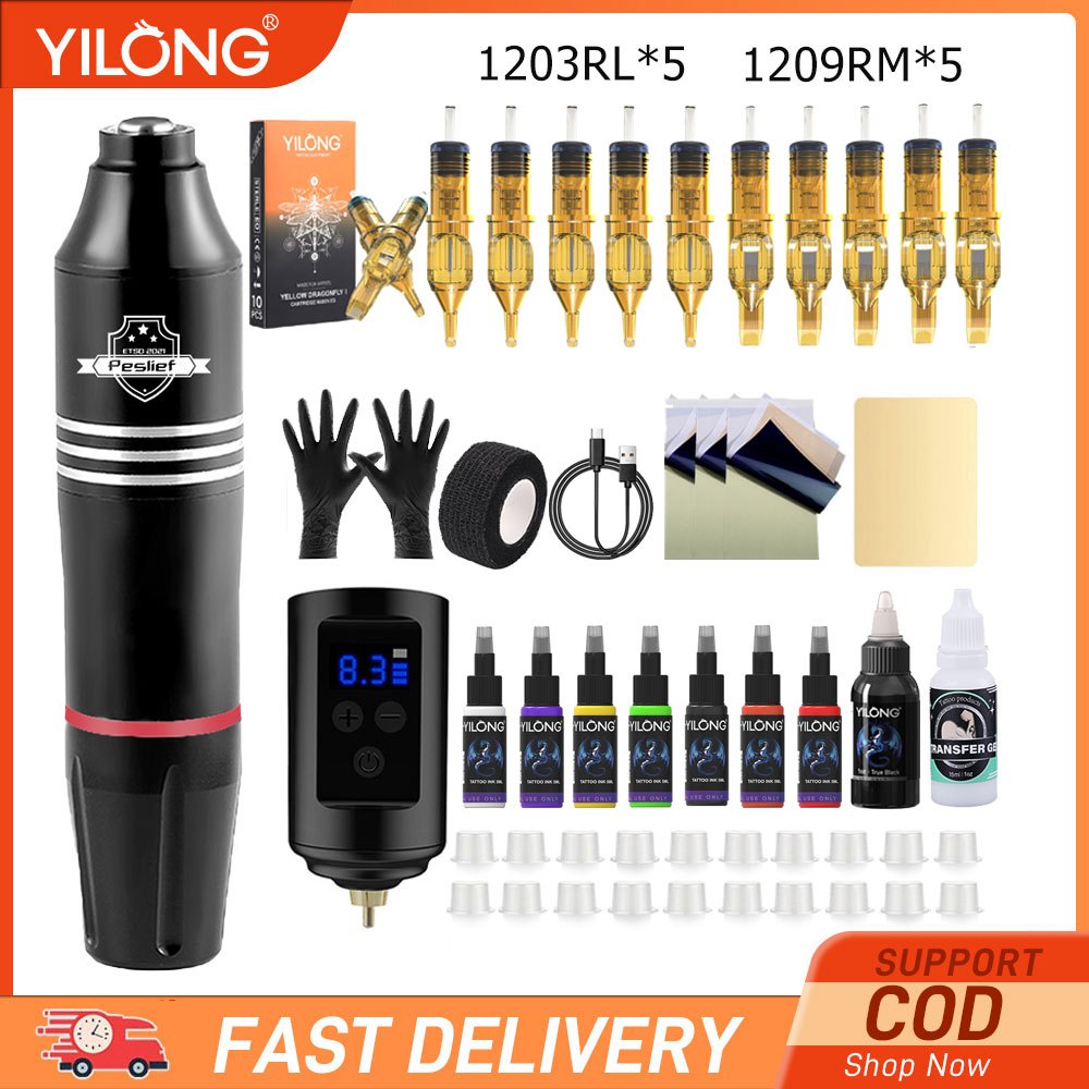 Yailong 1 ชุดปากกาสักไร้สายไฟฟ้าญี่ปุ่น เครื่องสักไร้สาย อินเทอร์เฟซ RCA พอร์ตชาร์จ C-type เหมาะสําหรับคนรักสัก 1500mAh LED เริ่มต้น