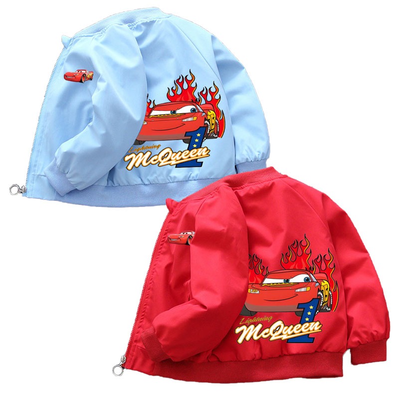2025 ฤดูใบไม้ผลิเด็กแจ๊กเก็ตแฟชั่น ลาย Lightning McQueen กันลม พิมพ์การ์ตูน