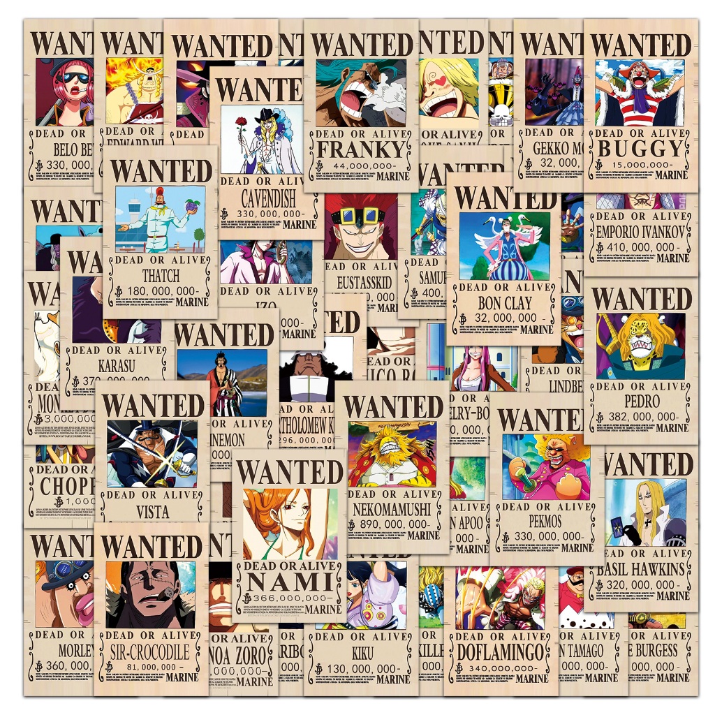 50pcs ใหม่อะนิเมะ ONEPIECE Wanted โปสเตอร์สติกเกอร์สําหรับ DIY หมวกกันน็อคจักรยานบัญชีมือกรณีดินสอ Graffiti กันน้ําตกแต่งของขวัญ
