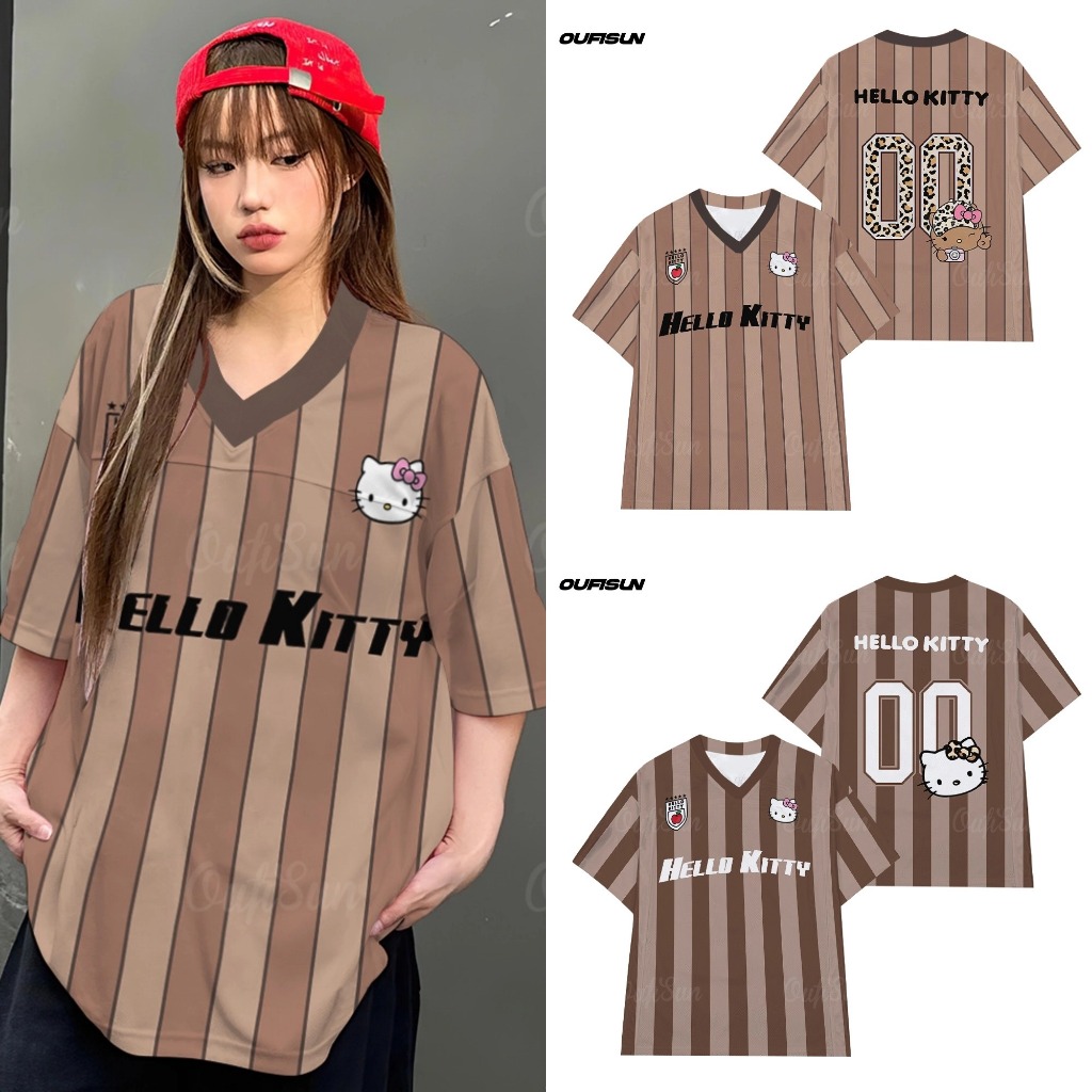 2025 สไตล์เกาหลี Mocha Mousse เสื้อยืดแมวน่ารักรูปแบบ Tiktok ขายร้อน Oodd ผู้ชายและผู้หญิง V คอ T เสื้อ Maillard สี Oversize หลวมเสื้อปีงูชุด 2025