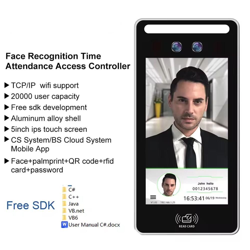 5in TCP/IP WIFI Biometric เวลา Attendance ระบบ Palmprint Scanner Face Recognition Rfid QR รหัสควบคุม