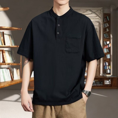 ProMan-เสื้อยืดสีทึบสำหรับฤดูร้อน  คอกลม  สไตล์อเมริกันวินเทจ  แมทช์ลุคง่าย  ลำลอง
