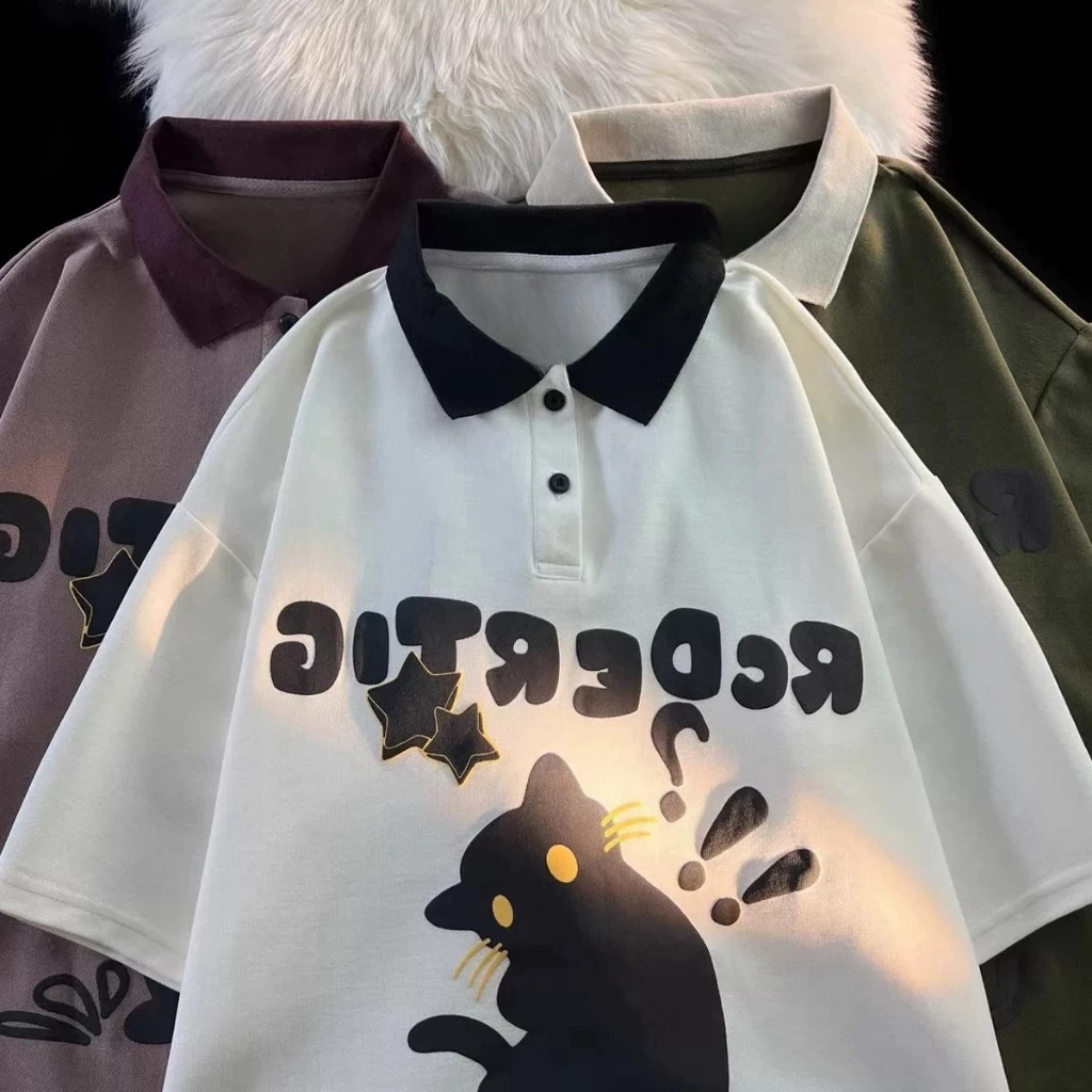 ProMan-เสื้อโปโลแมววินเทจสไตล์อเมริกัน ชุดคู่รักฤดูร้อน oversize