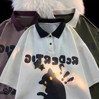 ProMan-เสื้อโปโลแมววินเทจสไตล์อเมริกัน ชุดคู่รักฤดูร้อน oversize