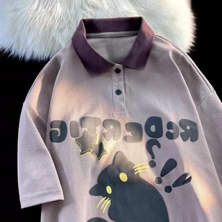 ProMan-เสื้อโปโลแมววินเทจสไตล์อเมริกัน ชุดคู่รักฤดูร้อน oversize