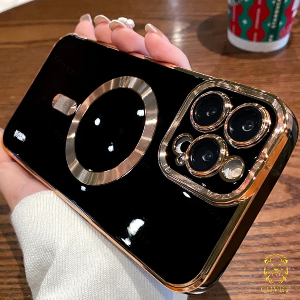 COVET ความหรูหรา ปิดทอง สีทึบ กันกระแทก ไร้สาย กล่องชาร์จ เคส เข้ากันได้สำหรับ เคสไอโฟน Case Compatible For iPhone 11 12 13 14 15 16 Pro Max
