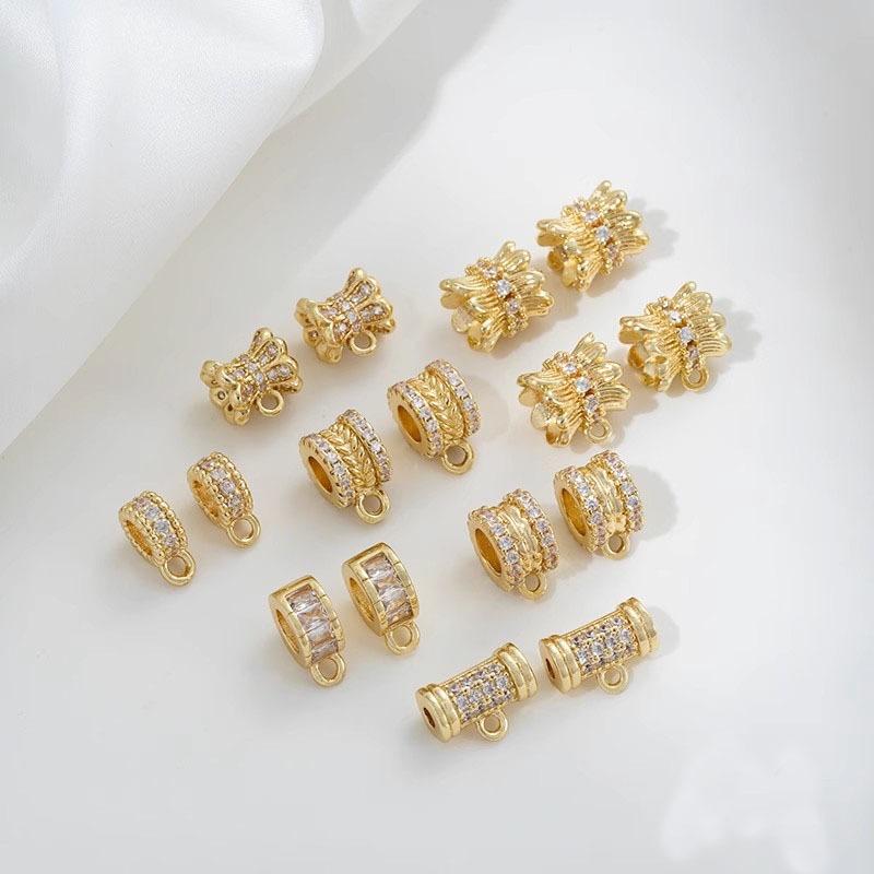 14k Gold-Plated Zircon Charm Holder Spacer พร้อมห่วง, หลอด Bails, สายไฟ Bails, Slider Bails, Spacer แหวน