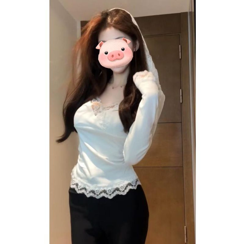 NZN สไตล์เกาหลีสีดําคลุมด้วยผ้าเย็บปะติดปะต่อกันเสื้อลูกไม้ผู้หญิงเซ็กซี่แขนยาวฐานเสื้อยืด