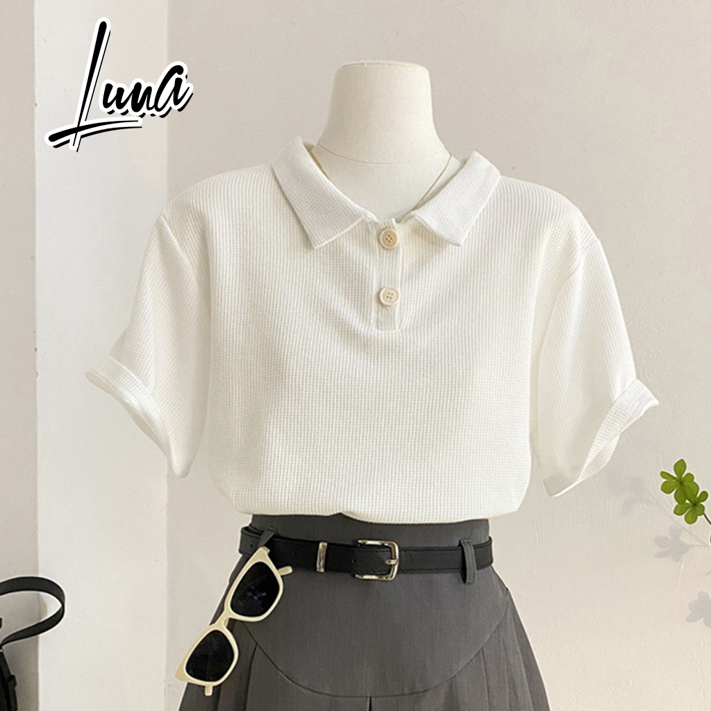 Luna Shop 🍒  เสื้อโปโลผู้หญิง ผ้าวาฟเฟิล สไตล์ลำลอง สีพื้น  แขนสั้น เหมาะกับใส่ไปทำงาน 🌈🌈 เสื้อยืดแขนสั้นฤดูร้อนผู้หญิง