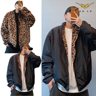 HANLU  เสื้อแจ็คเก็ตเสื้อโค้ทพิมพ์ลายเสือดาวสองด้านสไตล์ยุโร…