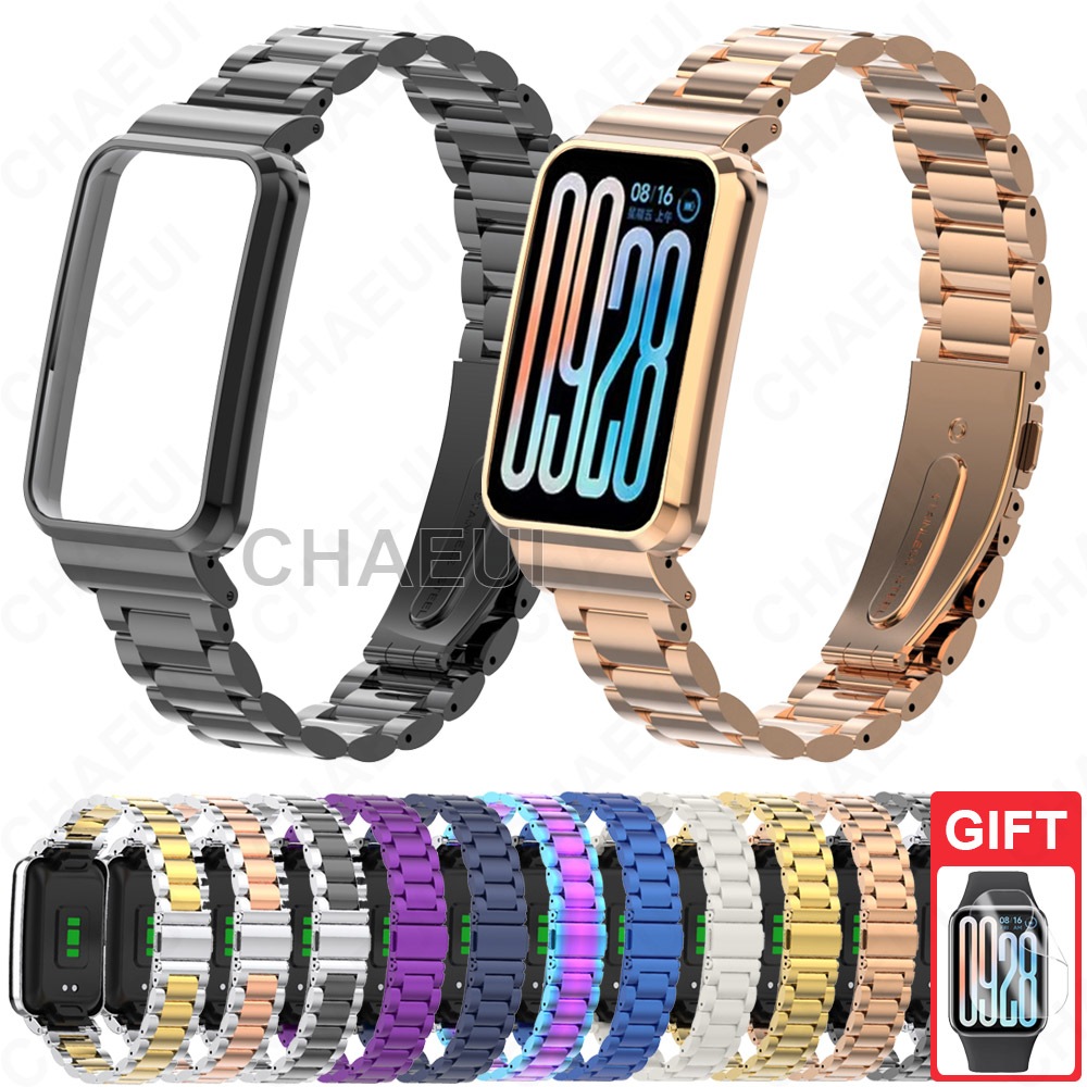 สายโลหะพร้อมกรอบกรณีสแตนเลสสร้อยข้อมือเปลี่ยนวงสําหรับ Xiaomi Smart Band 10 9 8 7 Pro