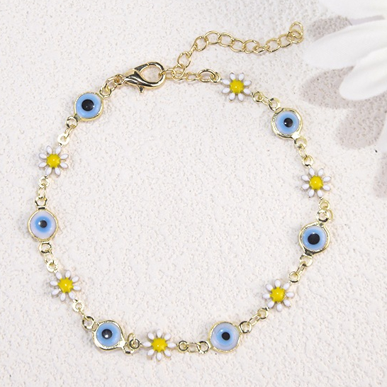แฟชั่น Retro ดอกไม้สีฟ้า Evil Eye Blessed สร้อยข้อมือดอกทานตะวัน Daisy สร้อยข้อมือผู้หญิงเครื่องประดับ Vintage ของขวัญ