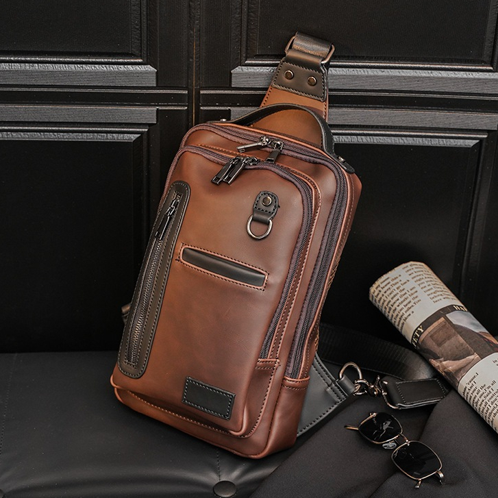 Crazy Horse Leather Man Chest Bag Retro Men Shoulder Bags Korean Style Men Crossbody Bags