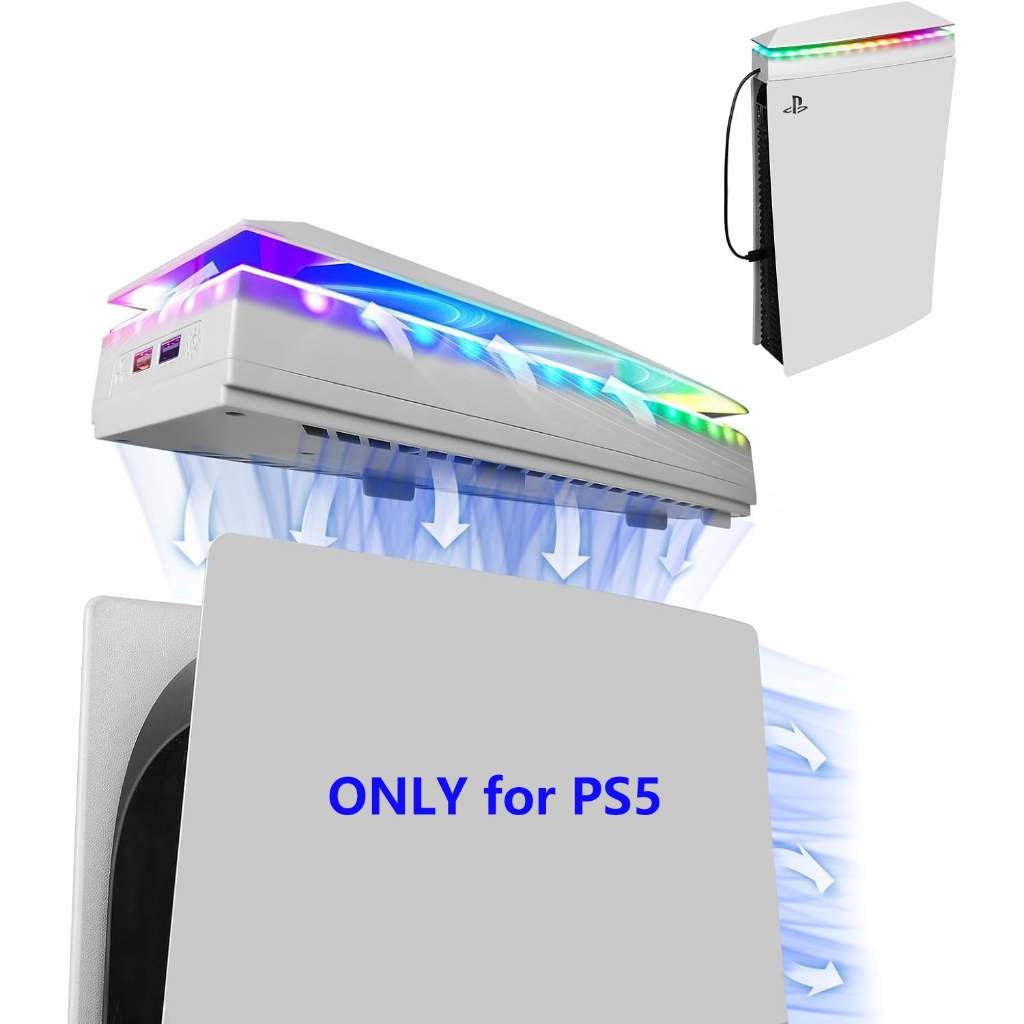 พัดลมระบายความร้อน RGB ด้านบนสำหรับ PS5, พัดลมระบายความร้อน PS5 พร้อมฝาครอบกันฝุ่นและไฟ LED สีสัน - สีขาว