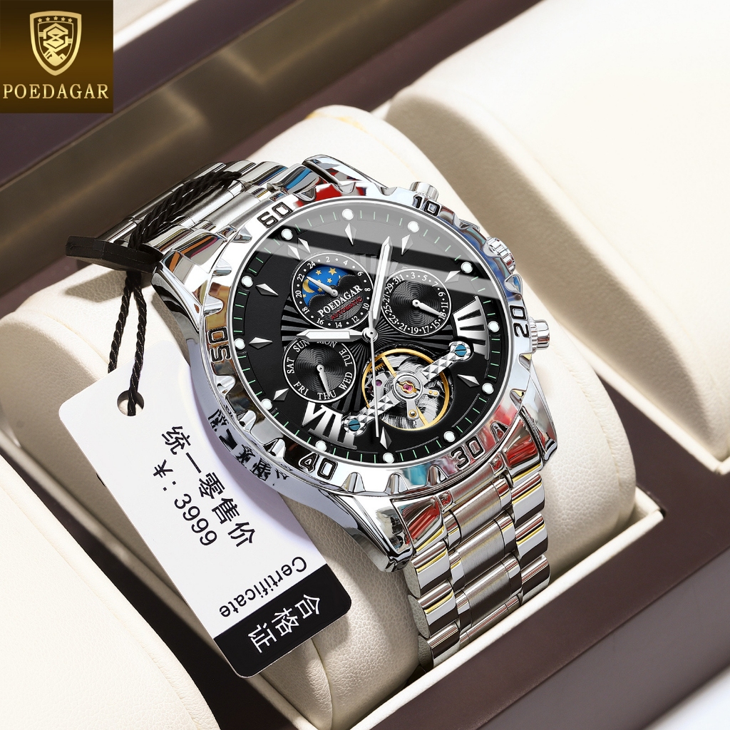 Poedagar นาฬิกาหรูสําหรับผู้ชายอัตโนมัติญี่ปุ่นกันน้ํานําเข้ากลไกมัลติฟังก์ชั่นสแตนเลส tourbillon design dual ปฏิทิน luminous moon star นาฬิกา