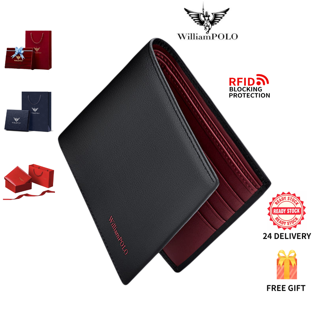 William polo กระเป๋าสะตางค์ผู้ชาย หนังแท้ กระเป๋าตังใบสั้น ภายในสีแดง Men's wallet genuine leather short wallet multifunctional card holder red interior money clip