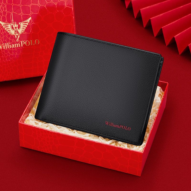 William polo กระเป๋าสะตางค์ผู้ชาย หนังแท้ กระเป๋าตังใบสั้น ภายในสีแดง Men's wallet genuine leather short wallet multifunctional card holder red interior money clip