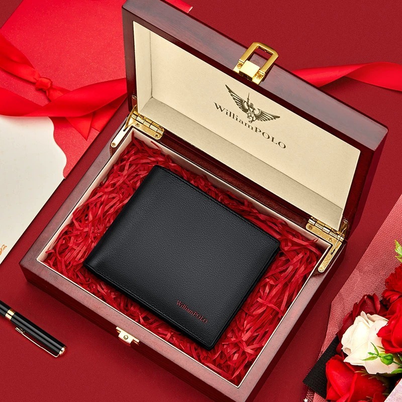 William polo กระเป๋าสะตางค์ผู้ชาย หนังแท้ กระเป๋าตังใบสั้น ภายในสีแดง Men's wallet genuine leather short wallet multifunctional card holder red interior money clip