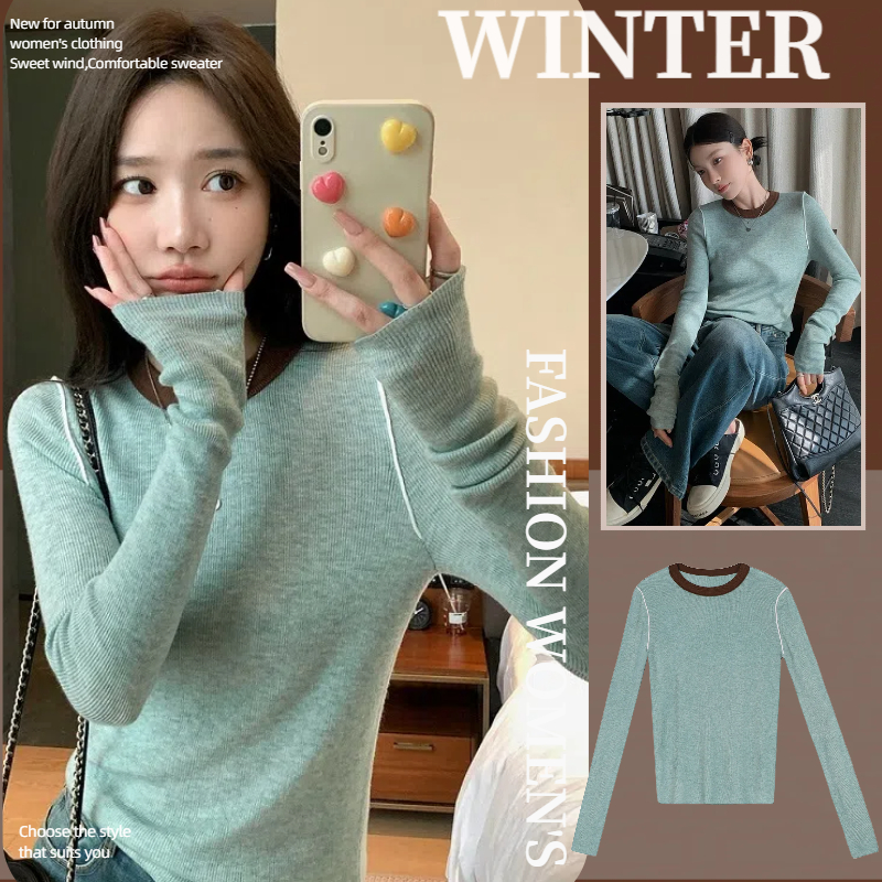 NZN ฤดูใบไม้ร่วงเสื้อผ้าผู้หญิงสไตล์ใหม่นุ่มข้าวเหนียวสีคมชัดรอบคอเสื้อถักแขนยาว