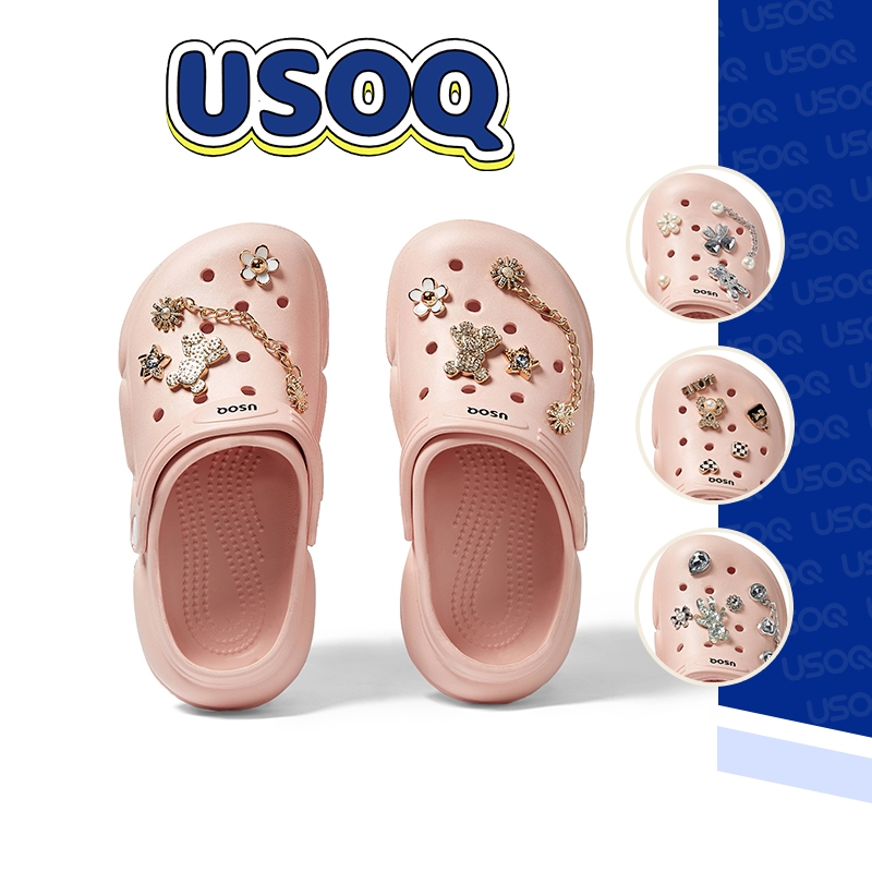 USOQ Crocs+Jibbitz Set ผู้หญิง รองเท้าแตะ รองเท้าแตะลําลองพื้นหนา กันลื่นเหมาะกับฤดูร้อน สําหรับผู้ชายผู้หญิง ใส่ในบ้านห้อง วัสดุ EVA รองเท้านิ่ม