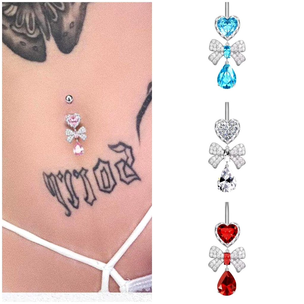 พีชหัวใจเพทายสแตนเลสโบว์สะดือแหวนร่างกายเจาะเครื่องประดับ