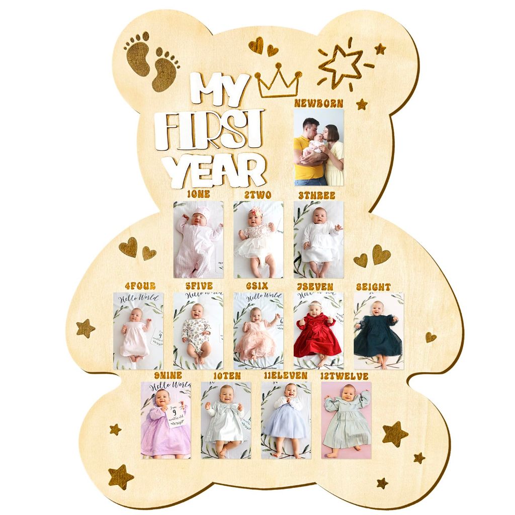 My First Year Photo Display Board กรอบรูปเด็กหมี Baby Shower Photo Prop 12 เดือน Milestone ไม้ Display Board Baby Shower First Birthday Party ตกแต่ง Keepsake G