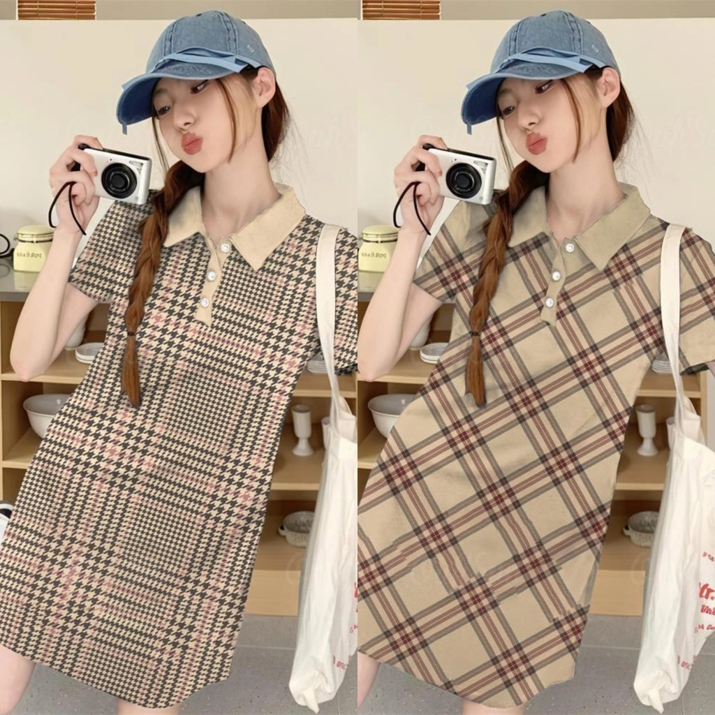 Mocha Mousse เสื้อโปโลลายสก๊อตผู้หญิง Casual Retro สไตล์กีฬาชุดโปโลสีน้ําตาลขั้นสูงแฟชั่น Maillard สไตล์แขนสั้น A-Line กระโปรง 2025