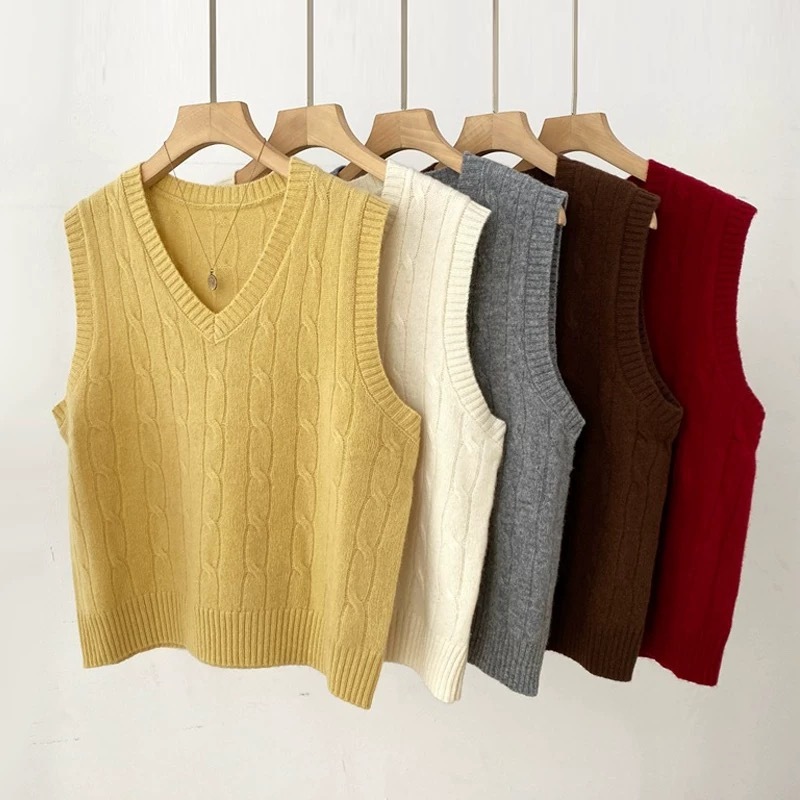 เสื้อกั๊กคอวีผู้หญิงสไตล์ใหม่ถักแฟชั่นทุกการแข่งขันแฟชั่นสั้นด้านบน