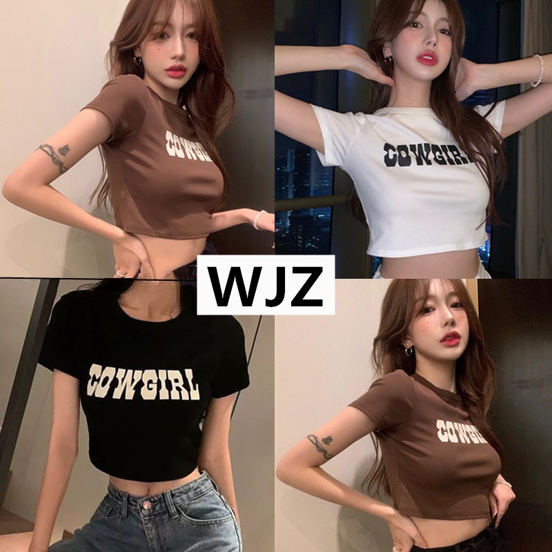 【WJZ】 เสื้อยืดแขนสั้นคอกลมพิมพ์ลายตัวอักษรอเมริกันแฟชั่นผู้หญิง【6772】