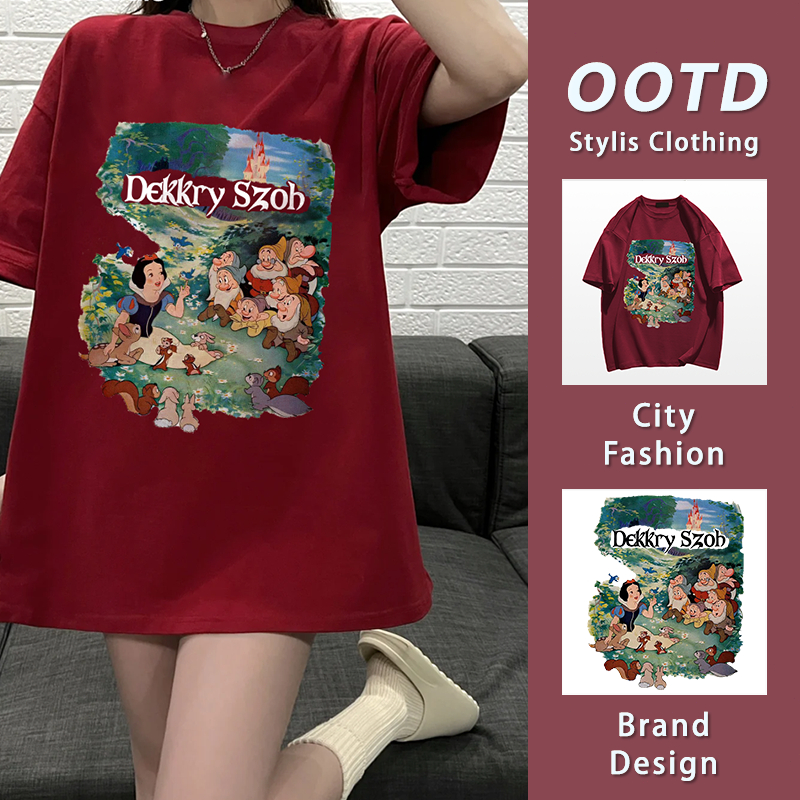 เสื้อยืดคอตตอนแขนสั้น สไตล์oversized ลายสกรีนสโนว์ไวท์ Disney YG262