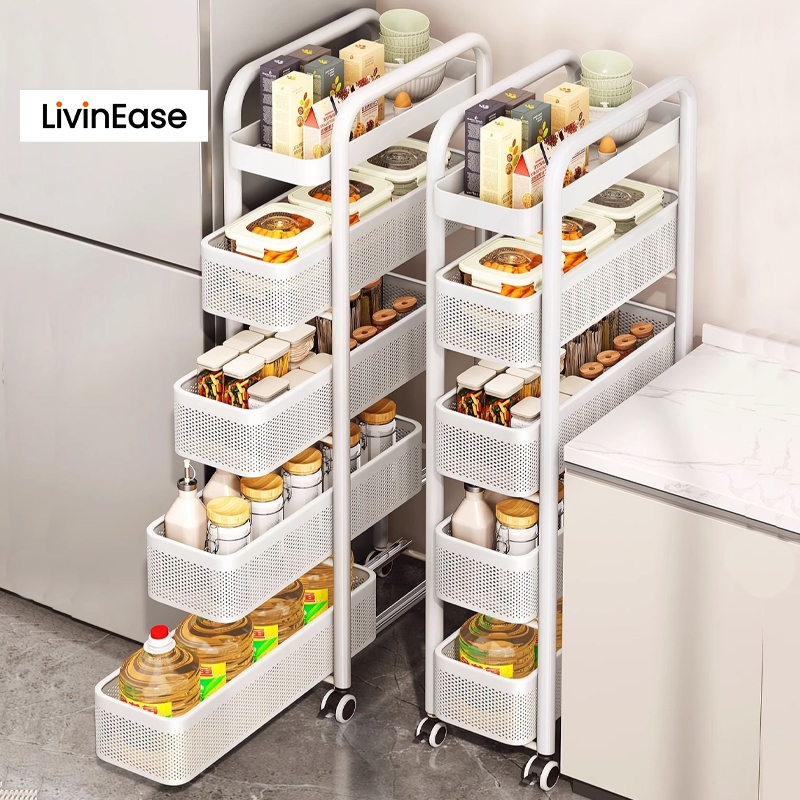 Livinease ห้องครัวถอนถอนชั้นดึงชั้นวางเครื่องสําอางชั้นเก็บมือถือแคบวางแต่งหน้า