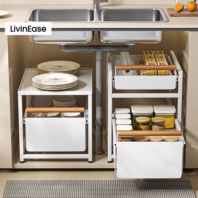 Livinease ลิวินอีส พร้อมใช้ห้องครัวดึงลิ้นชักออแกไนเซอร์ดึงออกตะกร้าตู้เคาน์เตอร์ชั้นวางขนมขบเคี้ยว