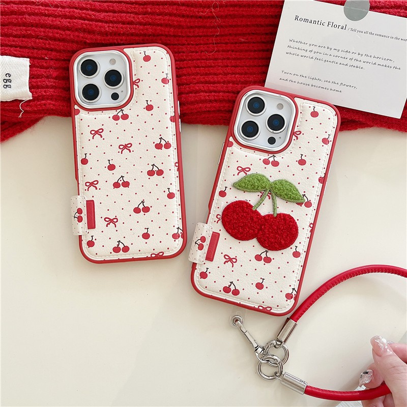 Iphone 16 pro max 15 pro max เคสโทรศัพท์วัสดุ PU ลายเชอร์รี่