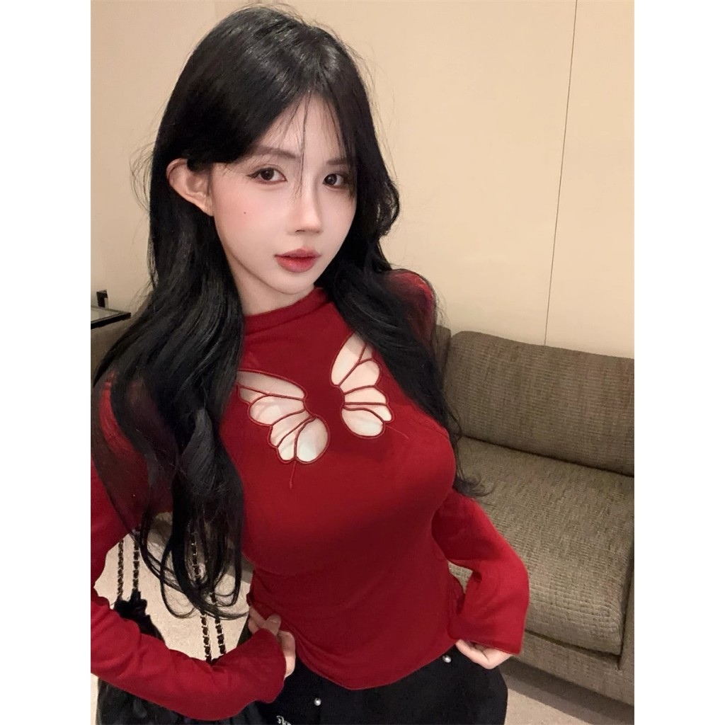 NZN Pure Desire Hot Girl ครึ่งคอเต่าเซ็กซี่ Hollow Top เสื้อยืดแขนยาวผู้หญิง