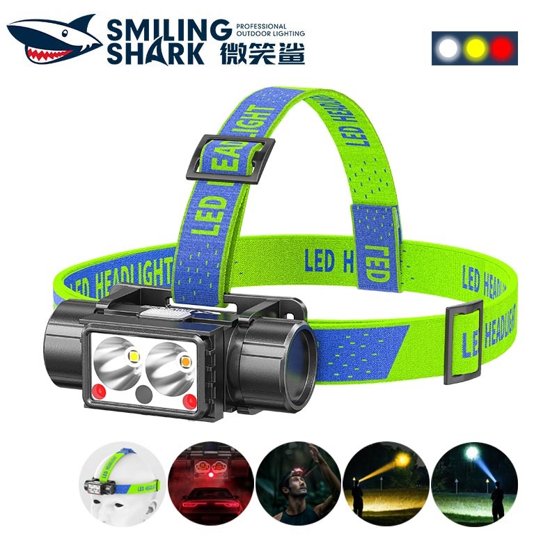SmilingShark TD0216 ไฟฉายคาดหัว LED 2*แอลอีดี ไฟสีเหลือง / ขาว / แดง ซุปเปอร์ไบรท์ ไฟหน้าทำงาน ปรับได้ 150° Type-C ชาร์จใหม่ได้ กันน้ำสำหรับการเดินป่าตั้งแคมป์กลางแจ้ง