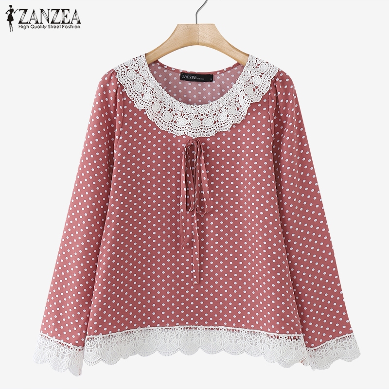 Zanzea เสื้อเบลาส์คอกลมแขนยาวลําลองเกาหลีสําหรับผู้หญิง