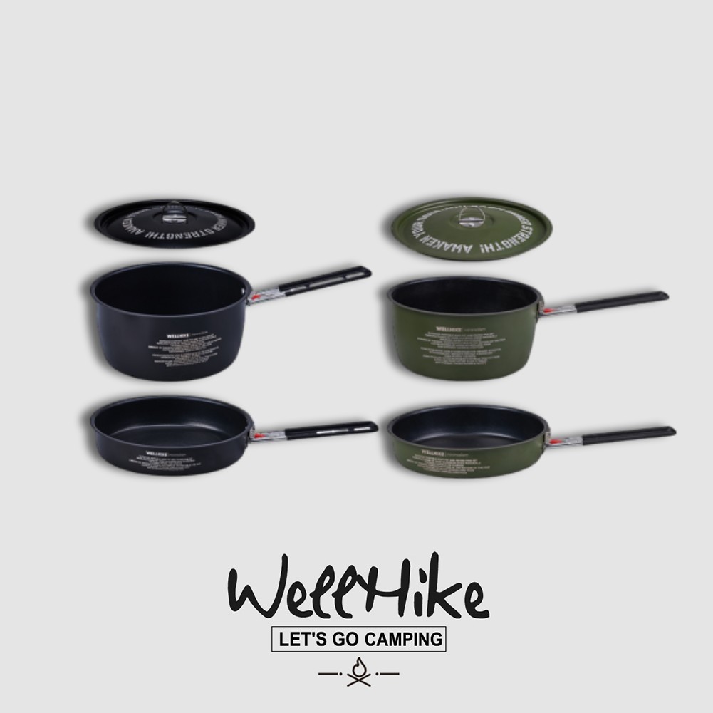 🚚สต็อกพร้อมในกรุงเทพ🚚 WELLHIKE หม้อและกระทะทอด ชุด 2 ชิ้น ชุดทำอาหารกลางแจ้ง หม้อแคมป์ปิ้ง อลูมิเนียมเคลือบแข็ง ออกแบบเก็บพื้นที่ หูหิ้วสะดวก เหมาะสำหรับปิกนิกกลุ่ม, การเดินป่า, แบกเป้, และการทำอาหารกลางแจ้ง