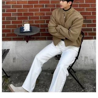 สีขาวกางเกงยีนส์ตรงหลวมผู้ชายยุโรปอเมริกัน High Street Puffian หล่อ All-Match Casual อ่อนโยนแฟนสไตล์กางเกงหลวมผู้ชาย 28 @-