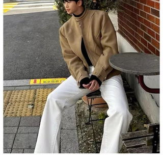 สีขาวกางเกงยีนส์ตรงหลวมผู้ชายยุโรปอเมริกัน High Street Puffian หล่อ All-Match Casual อ่อนโยนแฟนสไตล์กางเกงหลวมผู้ชาย 28 @-