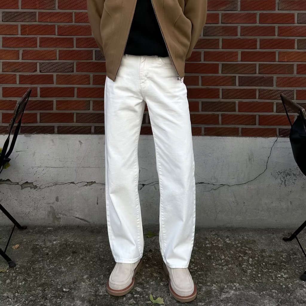 สีขาวกางเกงยีนส์ตรงหลวมผู้ชายยุโรปอเมริกัน High Street Puffian หล่อ All-Match Casual อ่อนโยนแฟนสไตล์กางเกงหลวมผู้ชาย 28 @-