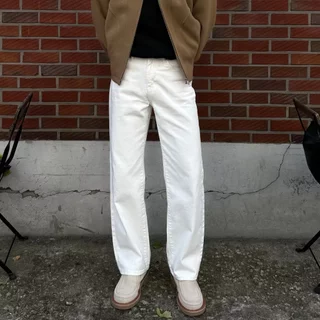 สีขาวกางเกงยีนส์ตรงหลวมผู้ชายยุโรปอเมริกัน High Street Puffian หล่อ All-Match Casual อ่อนโยนแฟนสไตล์กางเกงหลวมผู้ชาย 28 @-