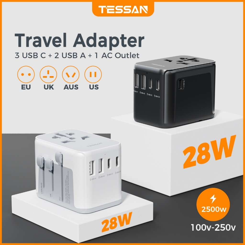 TESSAN Universal Travel Adapter พร้อม USB+Type C อะแดปเตอร์ปลั๊กไฟสำหรับเดินทางทั่วโลกพร้อมพอร์ต USB A 2 พอร์ตและ USB C 3 พอร์ต