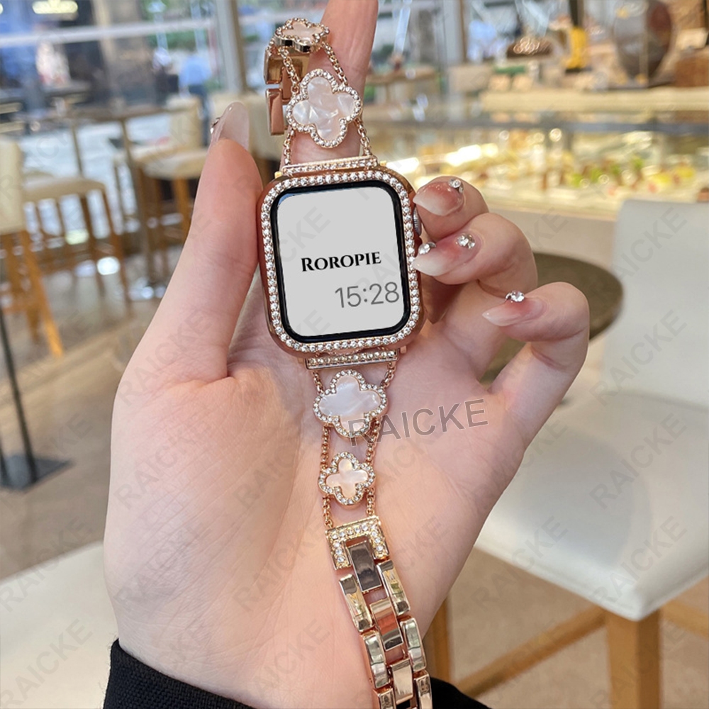 Shiny Diamond Lucky Clover สายคล้องคอกระจกนิรภัยหน้าจอสําหรับ iWatch Series 11/10/9/8/7/6/5/4/3/SE Ultra 2 49mm 46mm 44mm 45mm 49mm 41mm