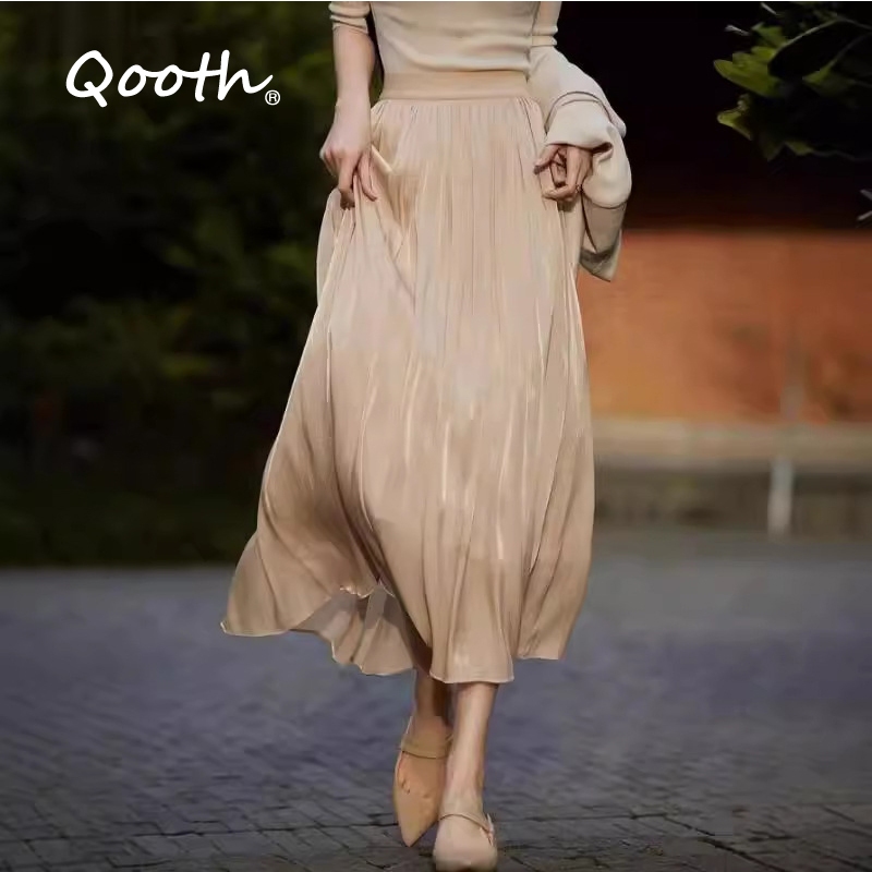 Qooth เวอร์ชั่นเกาหลีเอวสูงบางกลางความยาวกระโปรง Elegant High-end สีทึบ Pearlescent A-line กระโปรง QT2416