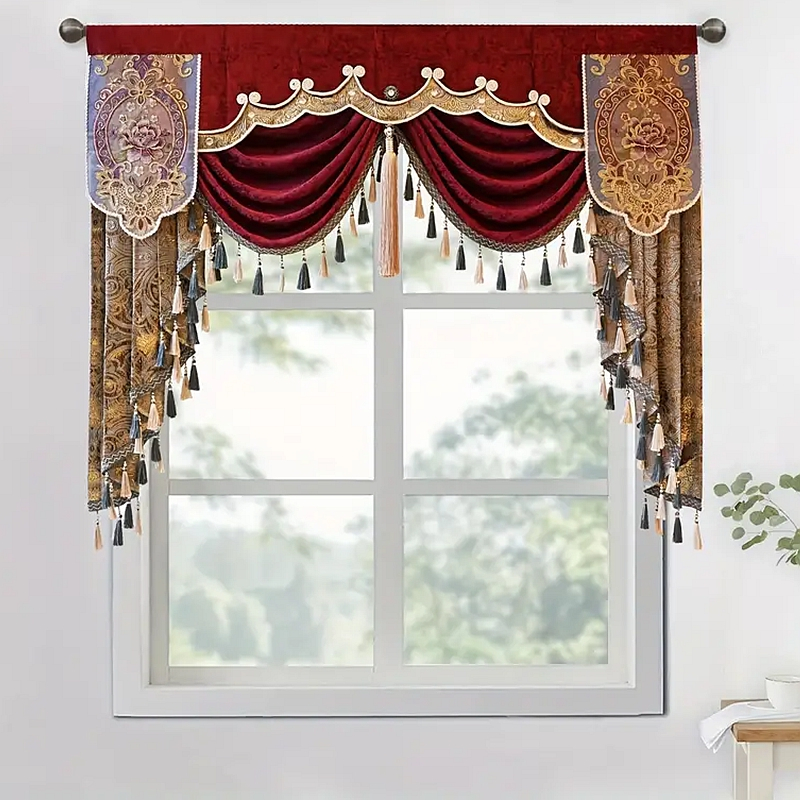 ผ้าม่านหน้าต่าง Chenille แบบหนา ประดับพู่ สีแดงเบอร์กันดี สไตล์ยุโรป สําหรับตกแต่งห้องนั่งเล่น