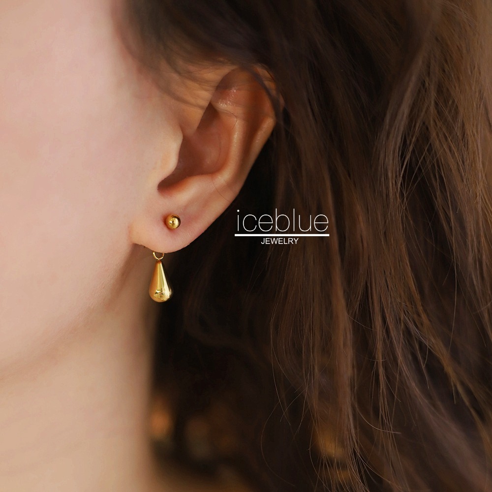 Iceblue-Bead Teardrop ต่างหูสตั๊ดสําหรับผู้หญิง 18K ชุบทองกันน้ํา Non Tarnish Hypoallergenic Statement Earings สแตนเลส E33