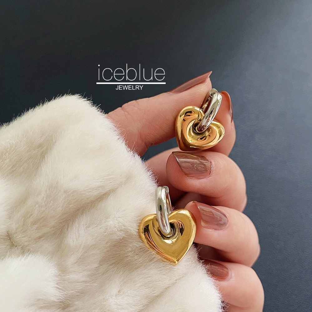 Iceblue-Bold Heart Shape Gold จี้ Silver Hoop ต่างหู Dual สวมใส่ 18K Gold Plated กันน้ํา Non Tarnish เครื่องประดับ 316L สแตนเลสไทเทเนียมเหล็กแฟชั่นต่างหูผู้หญิง E30